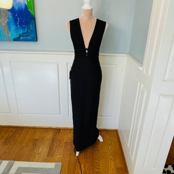 Bebe NWT Caged Cut Out Maxi Gown Plunge Neck Black Sexy Club Party Dress Small - Picture 3 of 11
